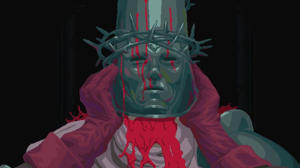 Knight from Blasphemous game bleeds solemnly