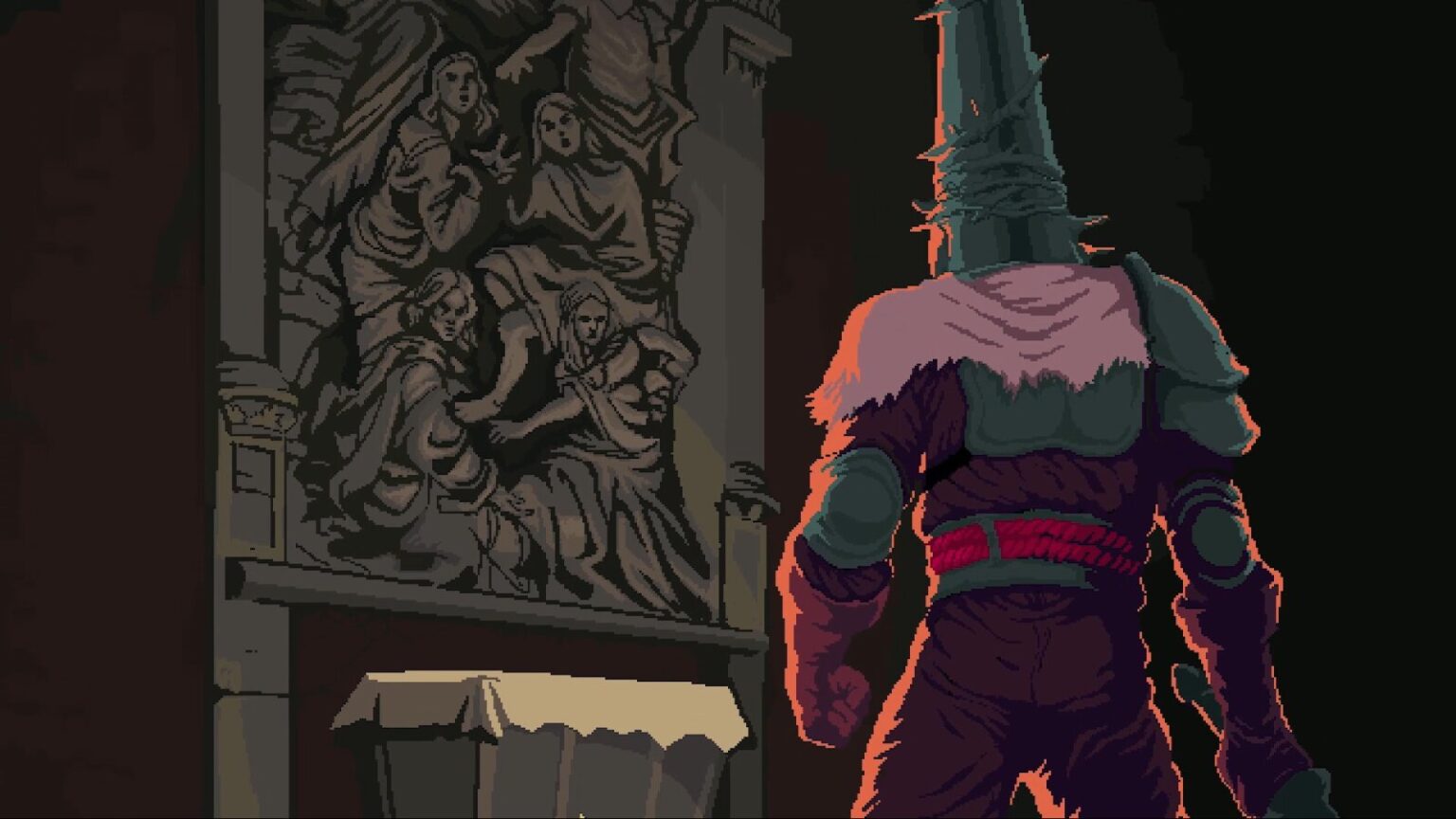 Knight gazes at ominous stone mural