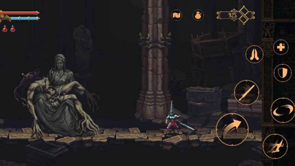 Pixelated knight exploring a dark realm in Blasphemous mobile game