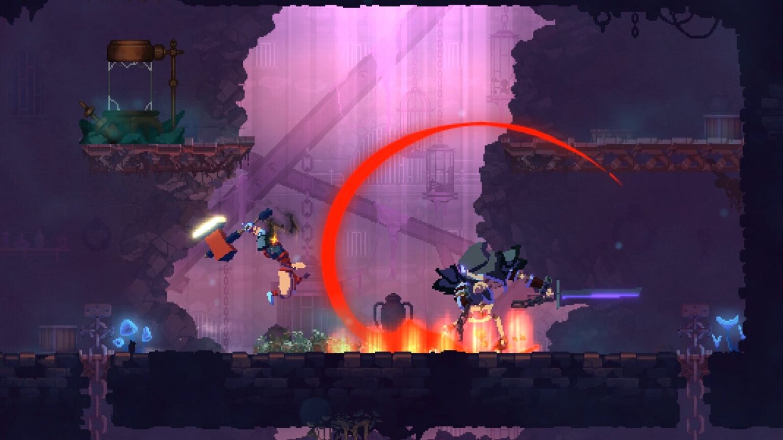 Pixelated warrior attacking enemy in Dead Cells mobile game