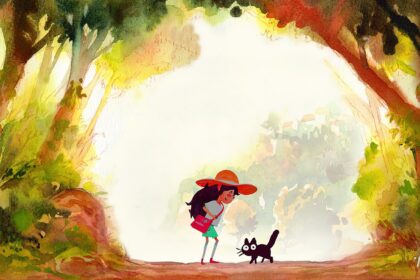 A girl and cat explore a magical forest in Dordogne Mobile game