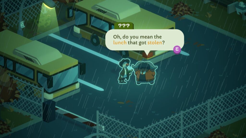 Duck detective questioning stolen lunch in mobile game