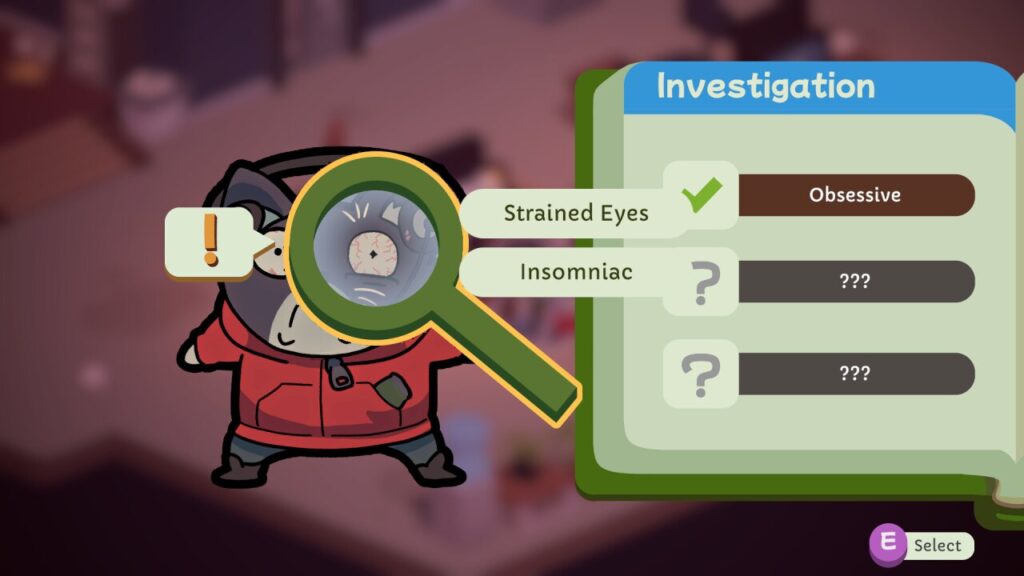 Cartoon detective investigates strained eyes clue