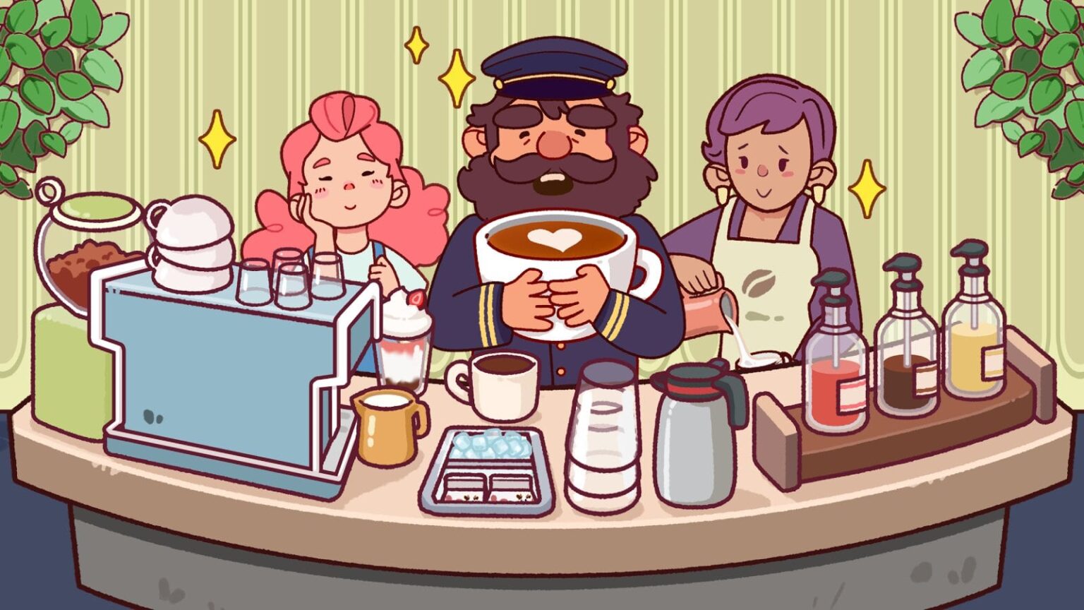 Cozy café scene with happy customers in Good Coffee, Great Coffee mobile game