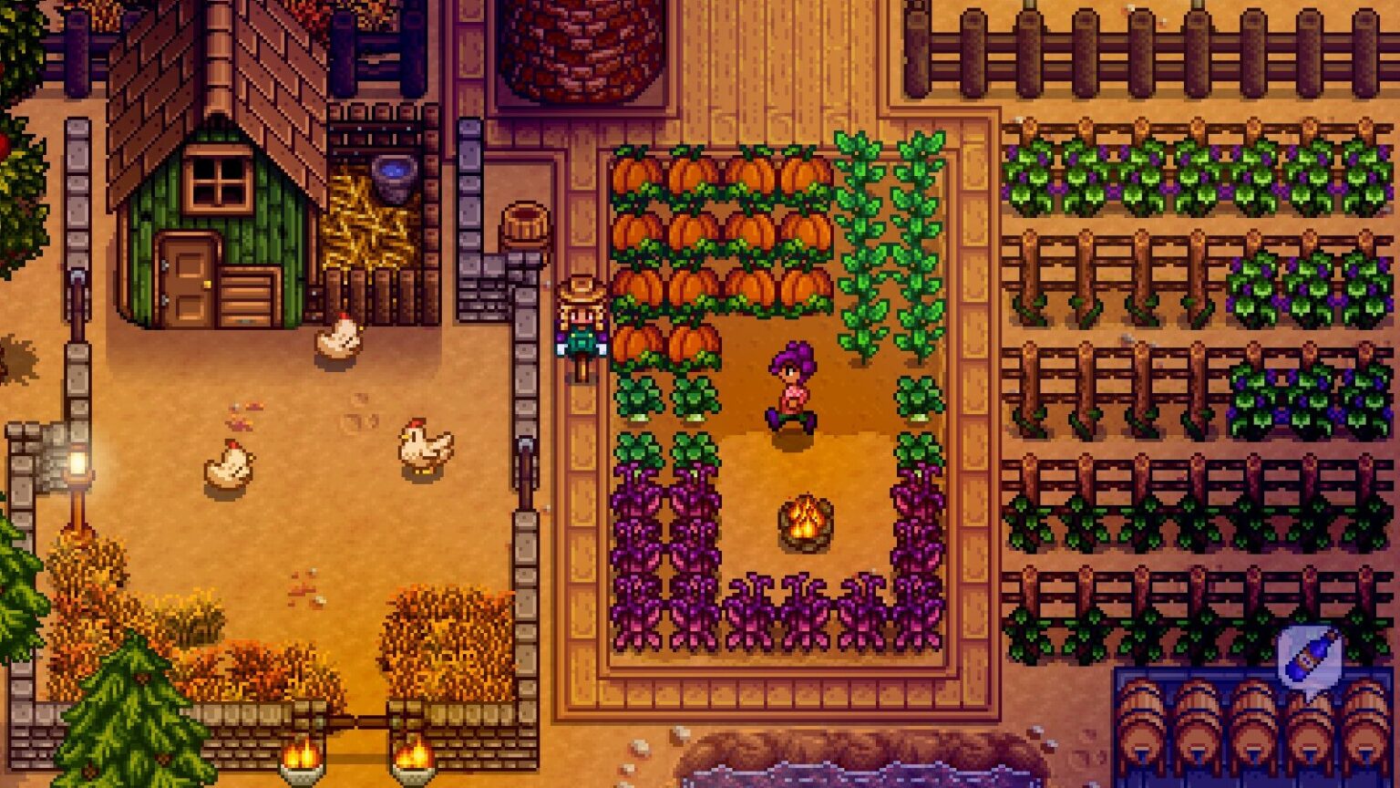 Farmer tending crops with chickens nearby in mobile version of Stardew Valley