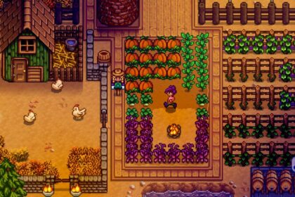 Farmer tending crops with chickens nearby in mobile version of Stardew Valley