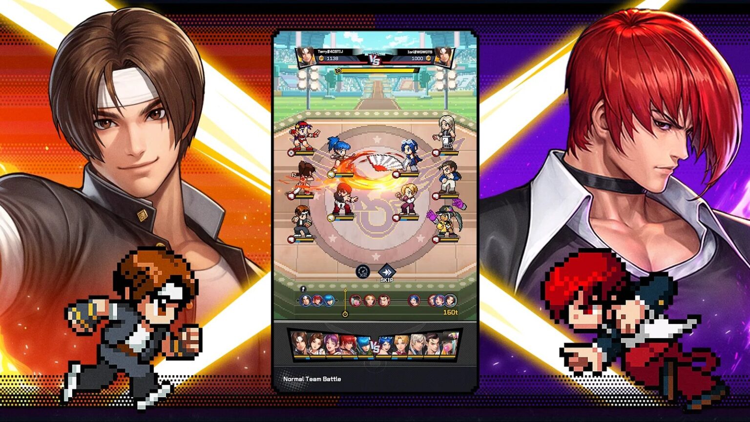 Pixelated team battle between classic fighters in King Of Fighters mobile game